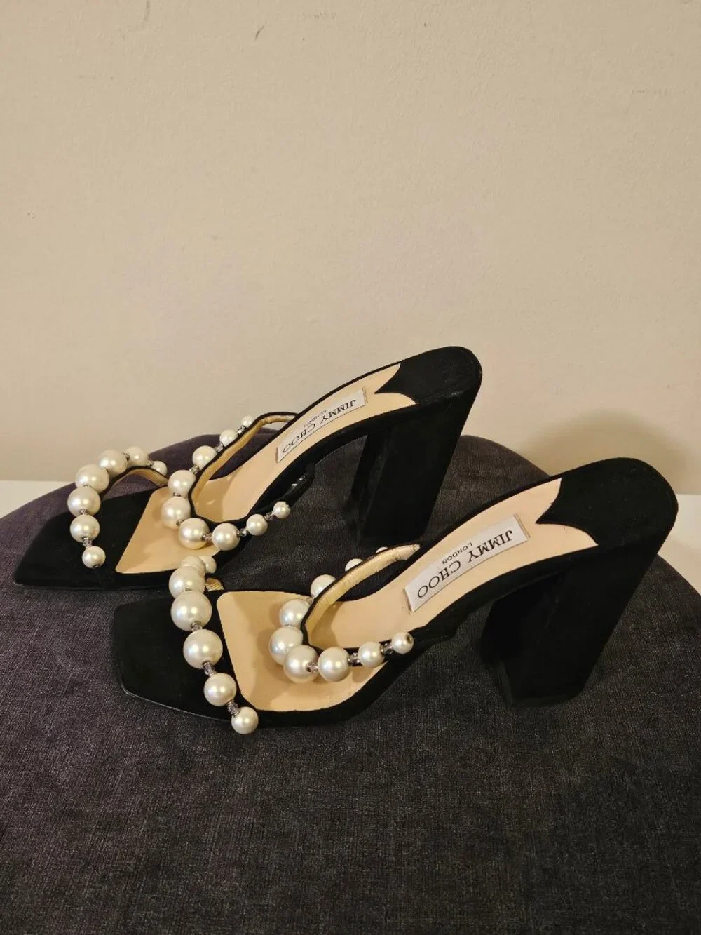 Jimmy Choo Amara 85mm Pearl Straps Suede Block Heels Mules EUC  EU 38.5 US 8-8.5 - Picture 4 of 9